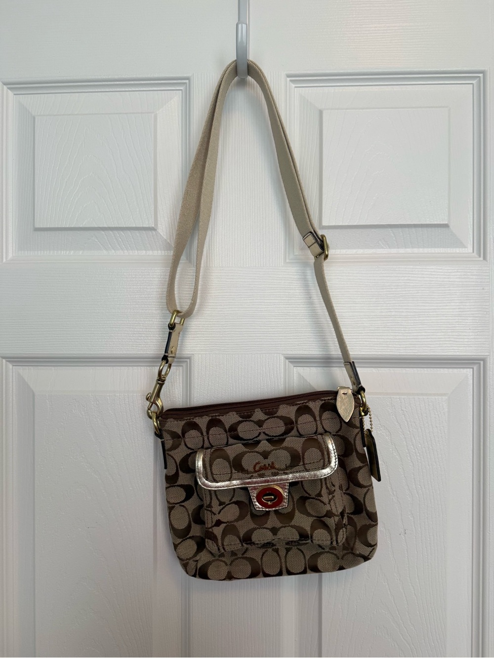 Coach Khaki and Brown Signature Crossbody with Metallic Trim